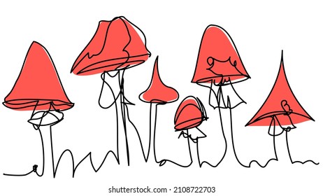 Concept with poisonous mushrooms in one line on a white background. Vector linear fly agaric in doodle style with red spots.