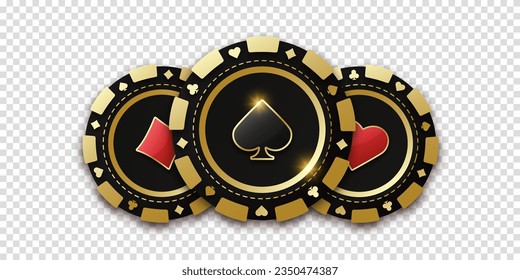 Concept poker or casino. Gambling coin with suit spades. Trio of playing chips or token. Realistic playing chip coin with the suit of spades in the center, gambling tokens. Banner for web app or site