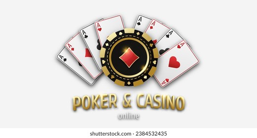 Concept poker or casino. Gambling token with suit diamonds. Realistic playing chip and playing ace cards of all suits. Banner for web app or site. Vector poster for championship.