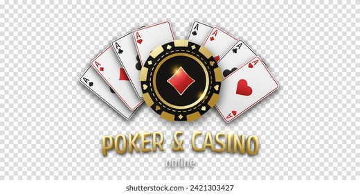 Concept poker or casino. Gambling token with suit diamonds. Realistic playing chip and playing ace cards of all suits. Banner for web app or site. Vector poster for championship.