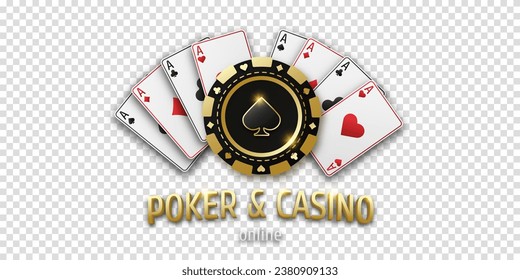 Concept poker and casino. Realistic playing chip spade and playing ace cards of all suits. Gambling token with suit spades. Banner for web app or site. Vector poster for championship.