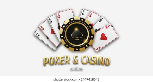 Concept poker and casino. Realistic playing chip spade and playing ace cards of all suits. Gambling token with suit spades. Banner for web app or site. Vector poster for championship.