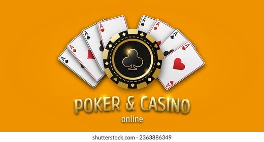 Concept poker or casino. Vector poster for championship. Realistic playing chip with the suit of clubs and playing ace cards of all suits. Gambling tokens. Banner for web app or site.