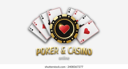 Concept poker and casino. Vector poster for championship. Gambling token with suit hearts. Realistic playing chip heart and playing ace cards of all suits. Banner for web app or site.