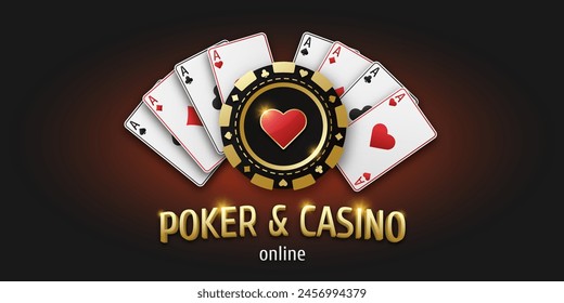 Concept poker and casino. Vector poster for championship. Gambling token with suit hearts. Realistic playing chip heart and playing ace cards of all suits. Banner for web app or site.