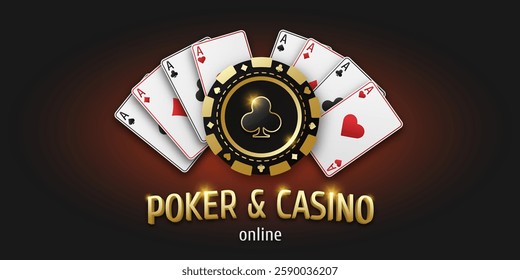 Concept poker or casino. Vector poster for championship. Realistic playing chip with the suit of clubs and playing ace cards of all suits. Gambling tokens. Banner for web app or site.