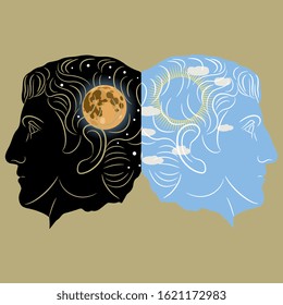 Concept of polarity of human brain and consciousness. Double human profiles with sunny day and starry night with full moon inside. Creative juxtaposition metaphor. Two-faced Janus. Diurnal rhythm.