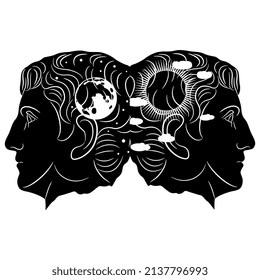 Concept of polarity of human brain and consciousness. Double human heads as sunny day and starry night with full moon inside. Two faced Janus. Diurnal rhythm. Black and white silhouette.