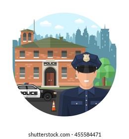 Concept police composition with officer in front of police station on white background in circle vector illustration