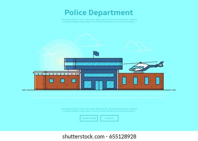 Concept of police department. Color vector illustration in linear style with police station building.