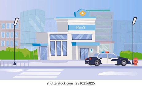 Concept Police department. A flat, cartoon-style design of a police department with various elements like police cars, officers, and equipment in the background. Vector illustration.