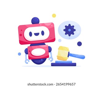 Concepto de política y normativa sobre inteligencia artificial. Leyes sobre tecnología de IA. Ilustración de un robot lindo y adorable con un símbolo de mazo y engranaje. Estilo de diseño plano. Elementos de activos