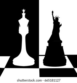 The concept of a political game. United States and Russia. Illustration for your design. Chess strategy. Chess battle. Political fights. Queen and a statue of freedom.