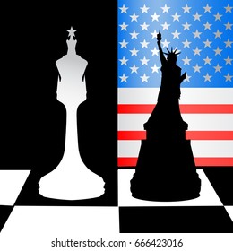 The concept of a political game. United States and Russia. Illustration for your design. Chess strategy. Queen and a statue of freedom.