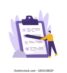 the concept of a poll, survey, election, giving an answer, questionnaire. male illustration using a pencil or pen to tick a box on the question paper attached to the board. flat style. design element