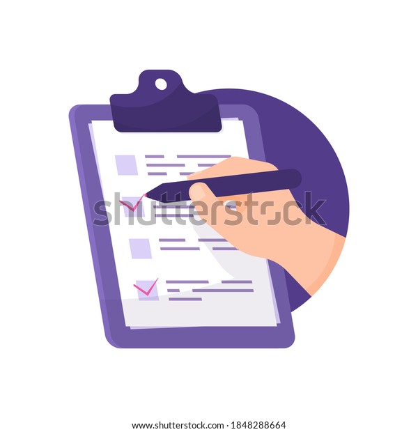 the concept of a poll, survey, election, or\
questionnaire. hand illustration using a pencil or pen to tick a\
box on the question paper attached to the board. flat style. design\
element and icon