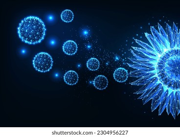 Concept of pollen allergy, floral fragrances with flower and microscopic particles in futuristic glowing low polygonal style on dark blue background. Modern abstract connect design vector illustration