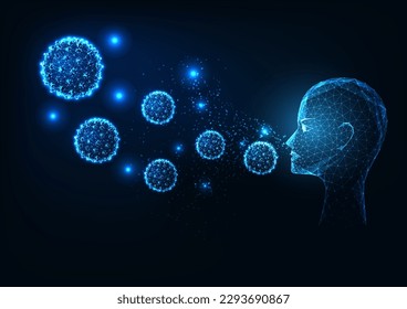 Concept of pollen allergy with person inhaling pollen particles in futuristic glowing low polygonal style on dark blue background. Modern abstract connection design vector illustration.