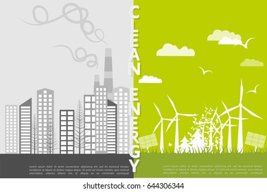The concept of a polluted city with waste in the environment and clean nature with windmills