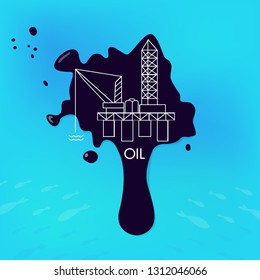 Concept of pollution of the environment, sea, ocean, fish and animals by the oil industry. A drop of petrol production in clean water. Petroleum fuel industry  extraction, vector illustration.