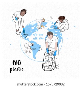 The concept of the pollution problem. Image of silhouettes of different races of people collecting plastic products and garbage throughout the earth, a call to observe the cleanliness of the planet.