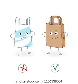 The concept of the pollution problem. Say no to plastic bags, use a paper bag. Cartoon stylized images with a sign, calling to stop using a disposable plastic bag. Vector illustration.