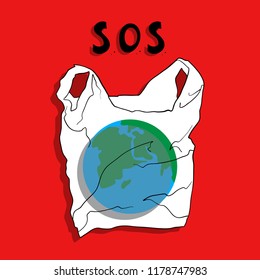 The concept of the pollution problem. Say no to the plastic bags. The board gives the sos signal. Cartoon stylized images with a sign, calling to stop using a disposable plastic bag. Vector illustrat