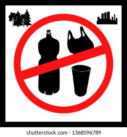 The concept of pollution problems. Say no to plastic bags, bottles, glasses. Pictures in the style of a sketch, calling to stop the use of plastic in the forest and in the city. Vector illustration