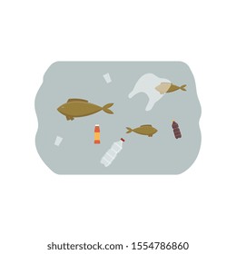 Concept of pollution of the sea and the ocean with plastic trash and bottles. Fish swim in dirty water among waste and garbage. Ecological ocean pollution concept, vector flat illustration.