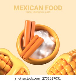 Concept of popular Mexican dishes. 3D boiled corn with melted butter, dessert