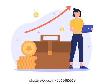 Concept of portfolio income. Financial literacy, investment. Girl invests in stocks and bonds, and they bring money. Briefcase and stacks of gold coins next to woman. Cartoon flat vector illustration