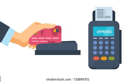 Concept of pos terminal and payments systems. Financial transactions. Hand hold a bank card and conducts it on the terminal for the successful payment process. Vector illustration isolated.