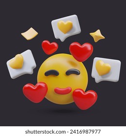 Concepto de emociones positivas. El emoticono amarillo redondo se ríe con los ojos cerrados. corazones 3D y comentarios con me gusta. Alta calificación, buena reacción de los clientes. Afiche de contraste sobre fondo negro