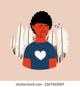 The concept of the positive impact of being in nature on the mental health of an adult man. Vector illustration in flat style