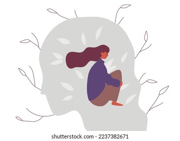 Concept of positive and negative memories, psychological trauma. Young woman sitting on the background of the silhouette of the head. Flat vector illustration.