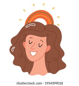 Concept of a positive person with a rainbow over his head.Happy woman.Smiled girl creates good vibe around her. Smiling female character enjoys her freedom and life.