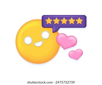 concept of positive review, feedback, 5 star rating. customer satisfaction. illustration of happy emoticons, stars, comments, and heart symbols. symbol or icon. minimalist 3d design. graphic elements