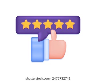 concept of positive review, feedback, 5 star rating, likes. customer satisfaction. illustration of thumbs up, comments, and stars. symbol or icon. minimalist 3d design. graphic elements