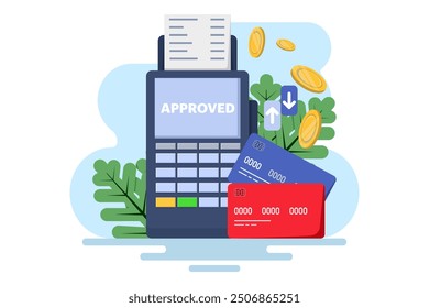 Concept of postal terminal and payment system, Purchase of goods and payment through the terminal. Payment card in the terminal and cash prescription, non-cash transactions. Flat vector illustration.