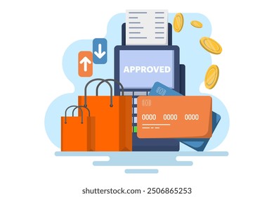 Concept of postal terminal and payment system, Purchase of goods and payment through the terminal. Payment card in the terminal and cash prescription, non-cash transactions. Flat vector illustration.