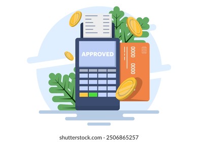 Concept of postal terminal and payment system, Purchase of goods and payment through the terminal. Payment card in the terminal and cash prescription, non-cash transactions. Flat vector illustration.