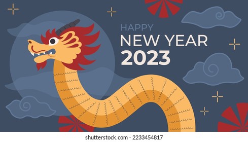 Concept Of Postcard With Dragon. Cogratulation With Chinese New Year Vector Illustration Flat Style