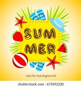The concept of a postcard on a summer theme with summer attributes. Abstraction, summer, tropical vegetation, starfish. Vector illustration, banner.