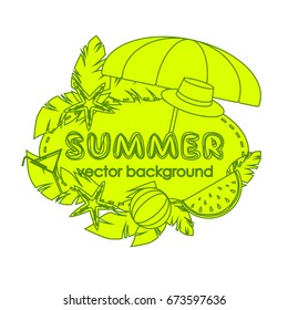The concept of a postcard on a summer theme with summer attributes. Abstraction, summer, tropical vegetation, starfish. Vector illustration, banner.