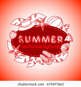 The concept of a postcard on a summer theme with summer attributes. Abstraction, summer, tropical vegetation, starfish. Vector illustration, banner.