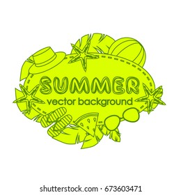 The concept of a postcard on a summer theme with summer attributes. Abstraction, summer, tropical vegetation, starfish. Vector illustration, banner.