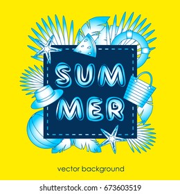 The concept of a postcard on a summer theme with summer attributes. Abstraction, summer, tropical vegetation, starfish. Vector illustration, banner.