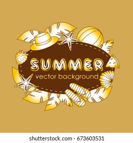 The concept of a postcard on a summer theme with summer attributes. Abstraction, summer, tropical vegetation, starfish. Vector illustration, banner. The concept of a postcard on a summer theme with summer attributes. Abstraction, summer, tropical vegetation, starfish. Vector illustration, banner.