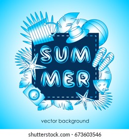 The concept of a postcard on a summer theme with summer attributes. Abstraction, summer, tropical vegetation, starfish. Vector illustration, banner.