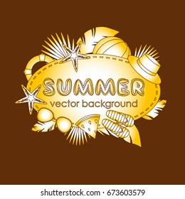 The concept of a postcard on a summer theme with summer attributes. Abstraction, summer, tropical vegetation, starfish. Vector illustration, banner.